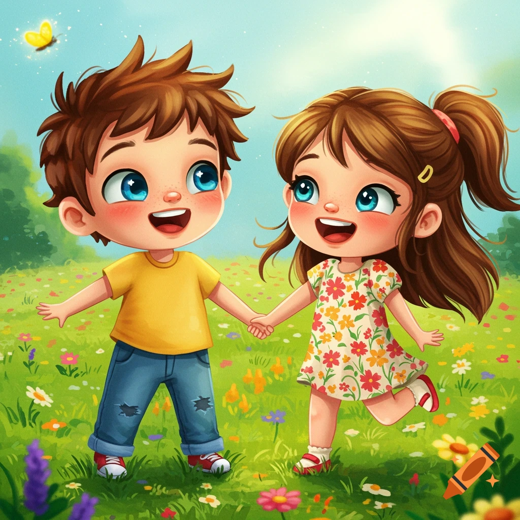 Cartoon illustration of a boy and girl holding hands in a flower field with a butterfly.