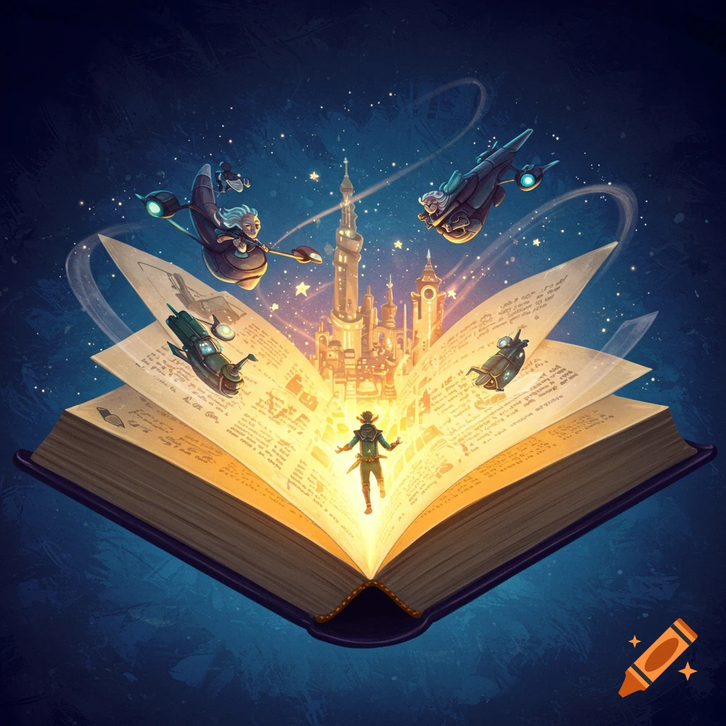 A magical book opens to reveal a glowing city, with figures flying around it in space.