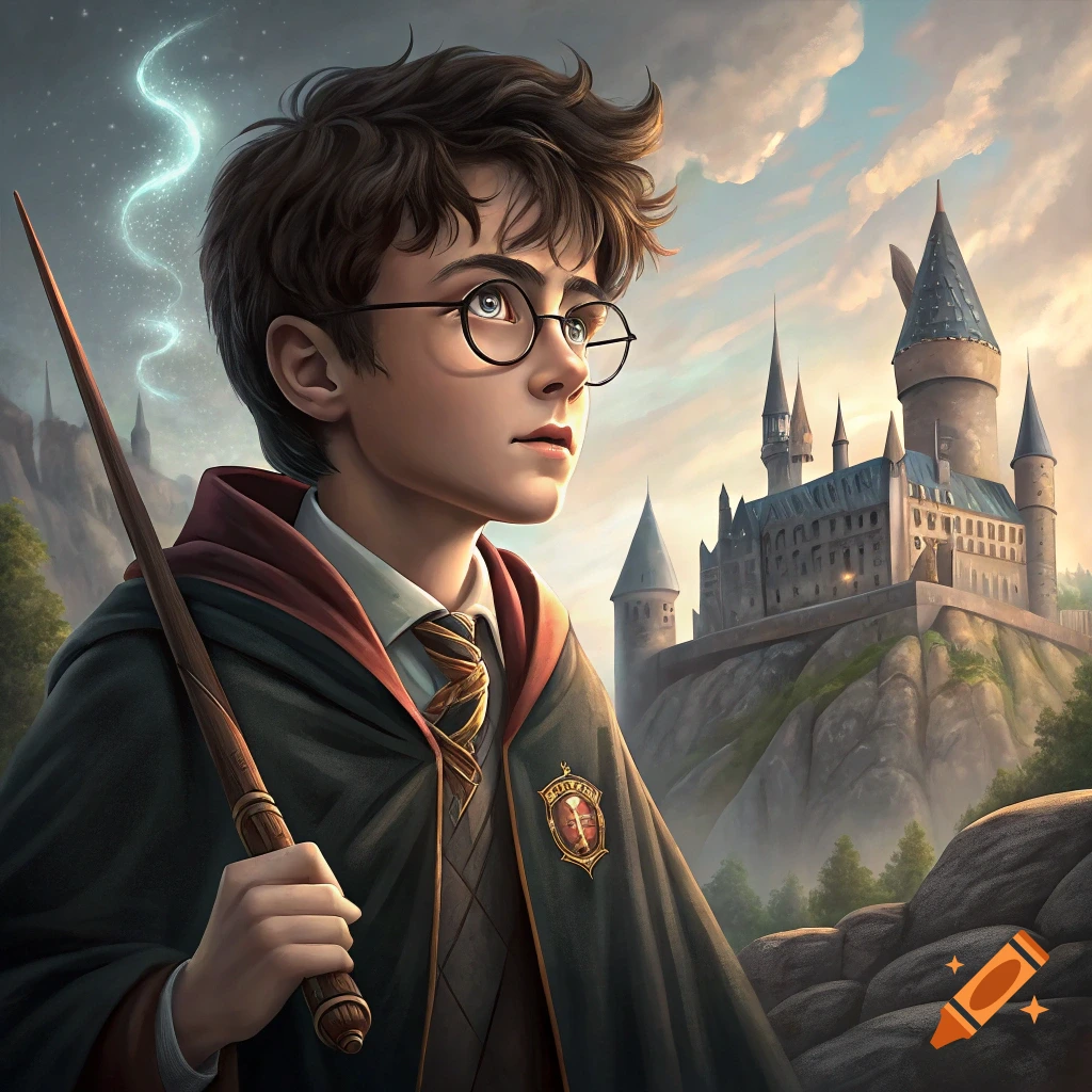 Illustration of Harry Potter holding a wand, with Hogwarts castle in the background.