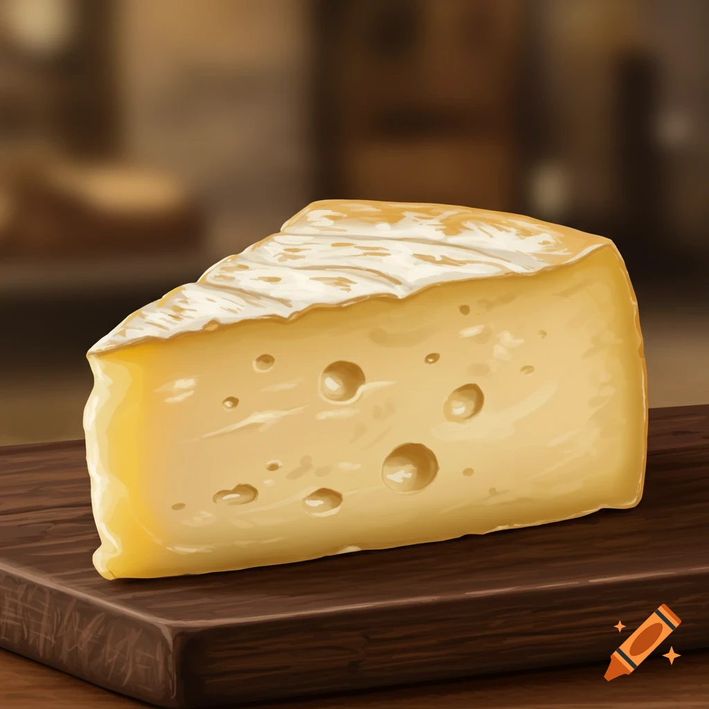 Illustration of a wedge of cheese on a wooden cutting board.