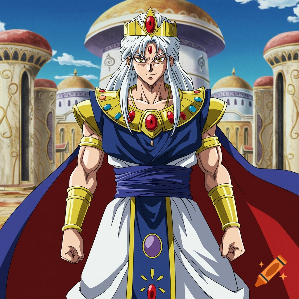 A man with long white hair, gold crown, and blue and gold armor stands before a fantasy palace in an anime style.