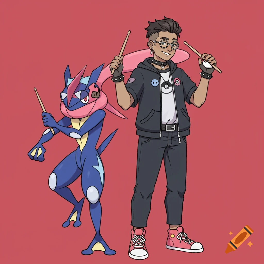 A person and a Greninja holding drumsticks in Pokemon anime style.