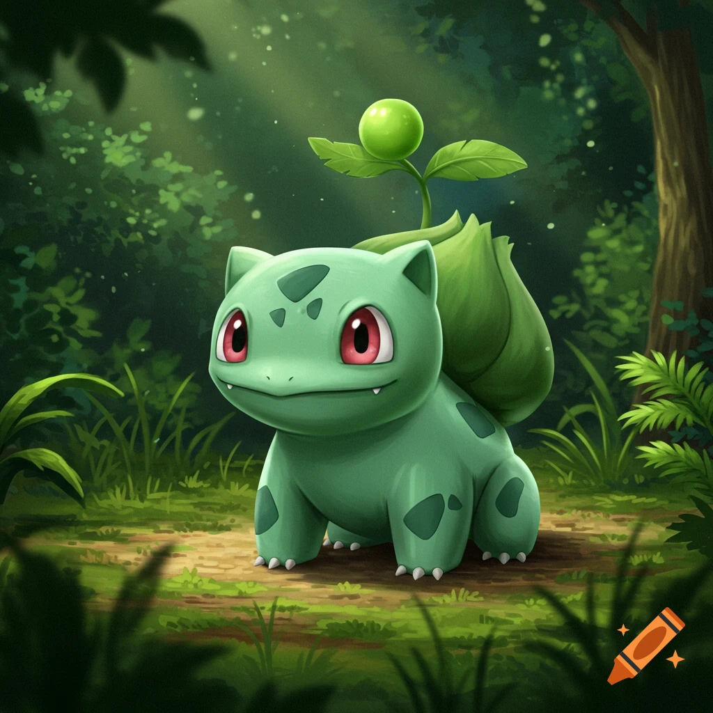 A cute illustration of Bulbasaur sitting in a sunlit forest.