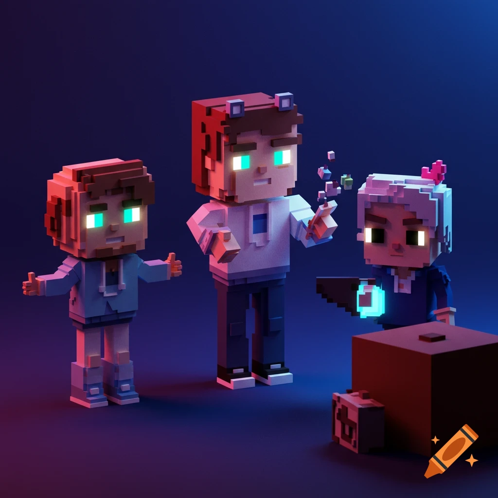 Three blocky voxel characters in a dark scene with colorful lighting.