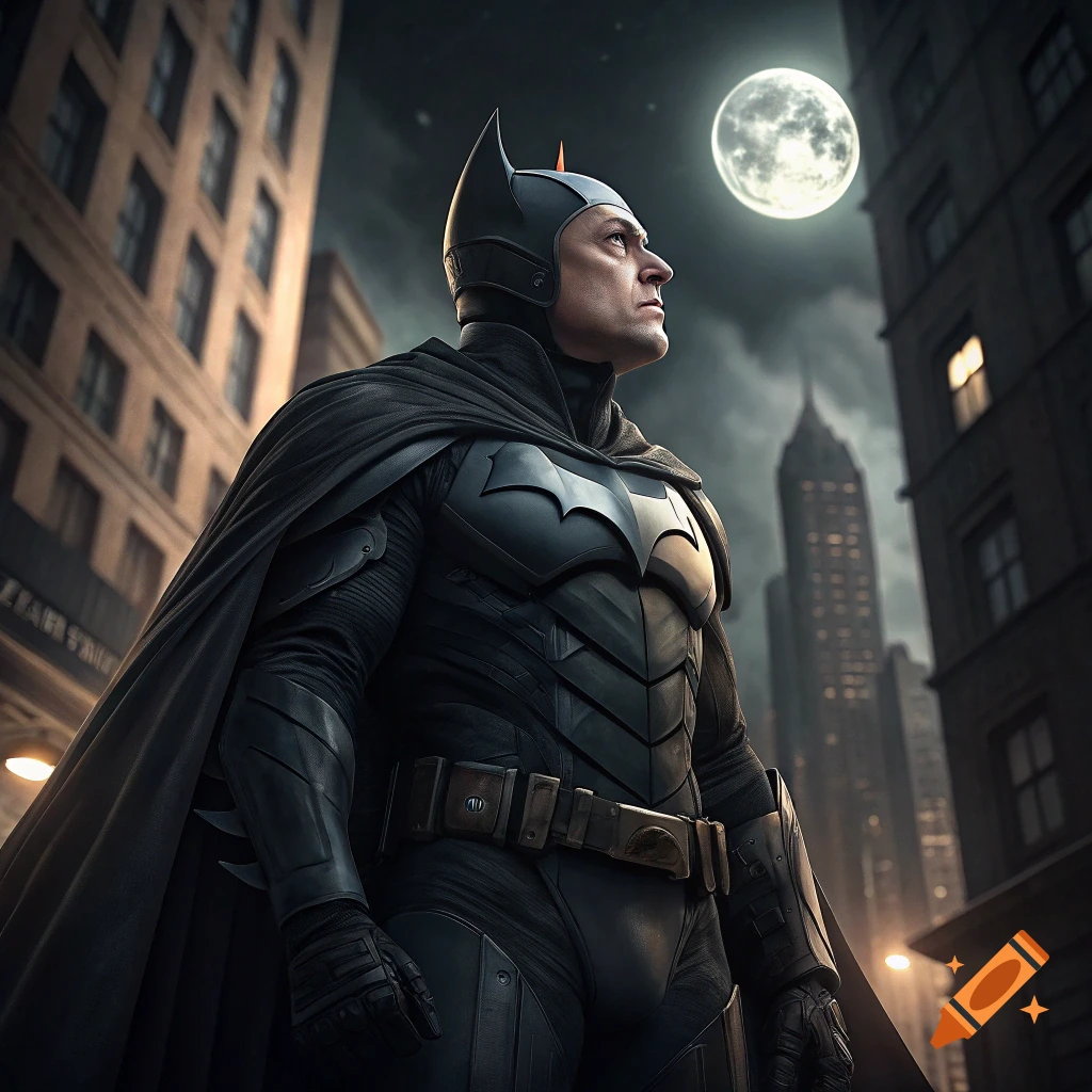 Batman stands in a dark city street at night with a large full moon overhead.