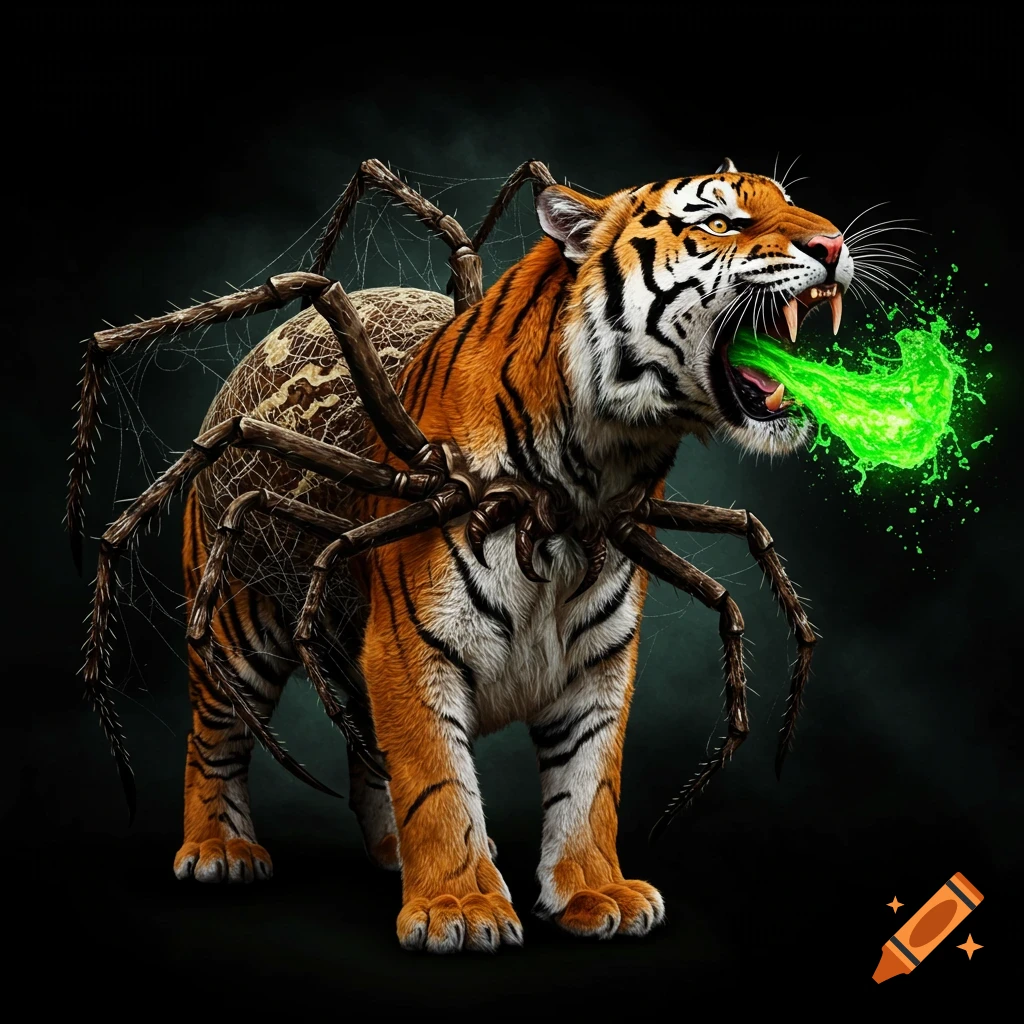 A creature that is a hybrid of a tiger and a spider stands and shoots green liquid from its mouth.