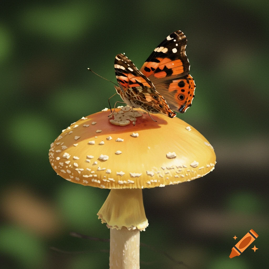 A painted lady butterfly sits on a yellow mushroom.
