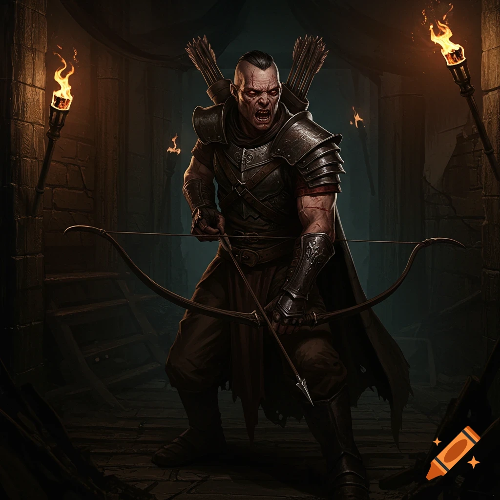 A fierce fantasy archer in armor holds a bow in a dark dungeon.
