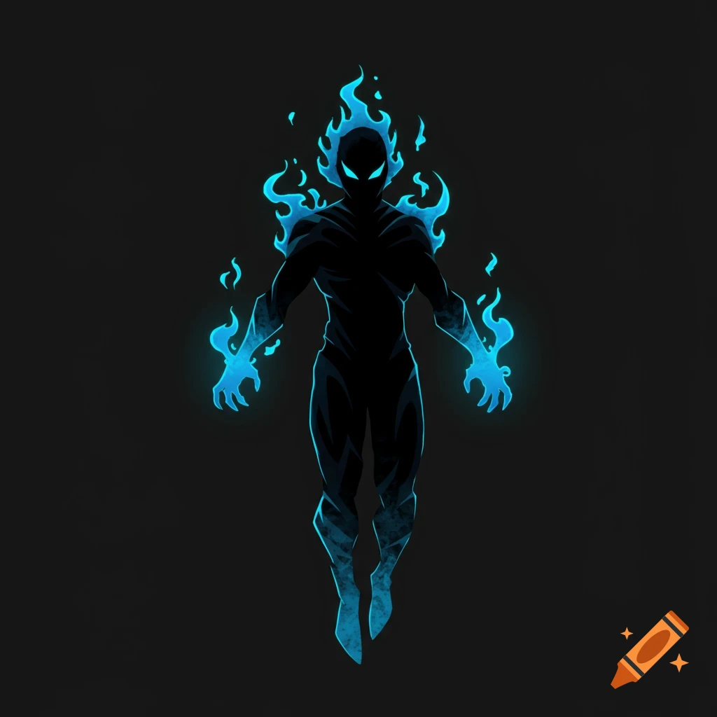 Stylized illustration of a dark, silhouetted figure with glowing blue flames around its head, hands, and feet, floating.