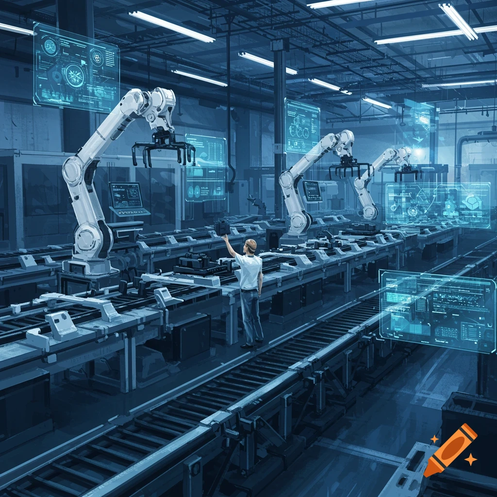 Digital art of a human overseeing robotic arms on a futuristic factory production line with holographic screens.