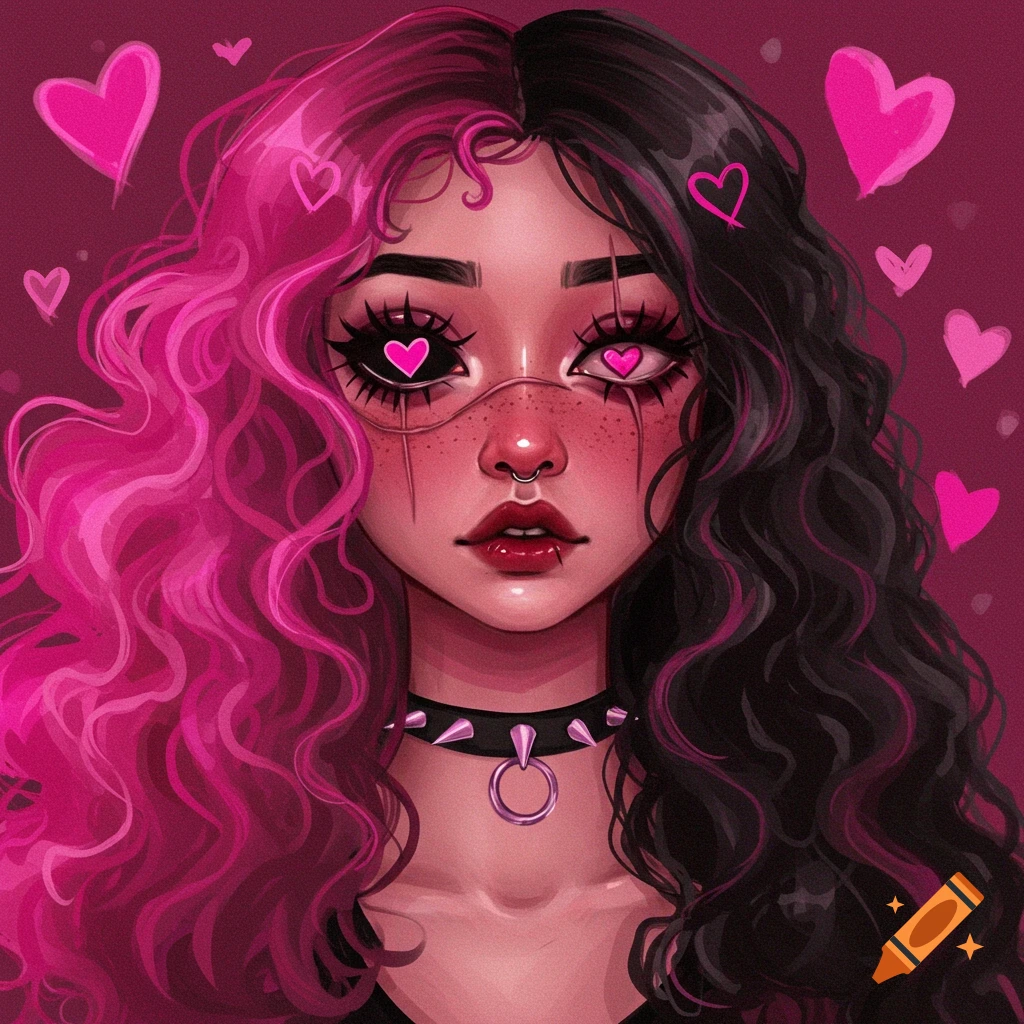 Digital art portrait of a person with split pink and black curly hair, heart eyes, spiked choker, surrounded by hearts