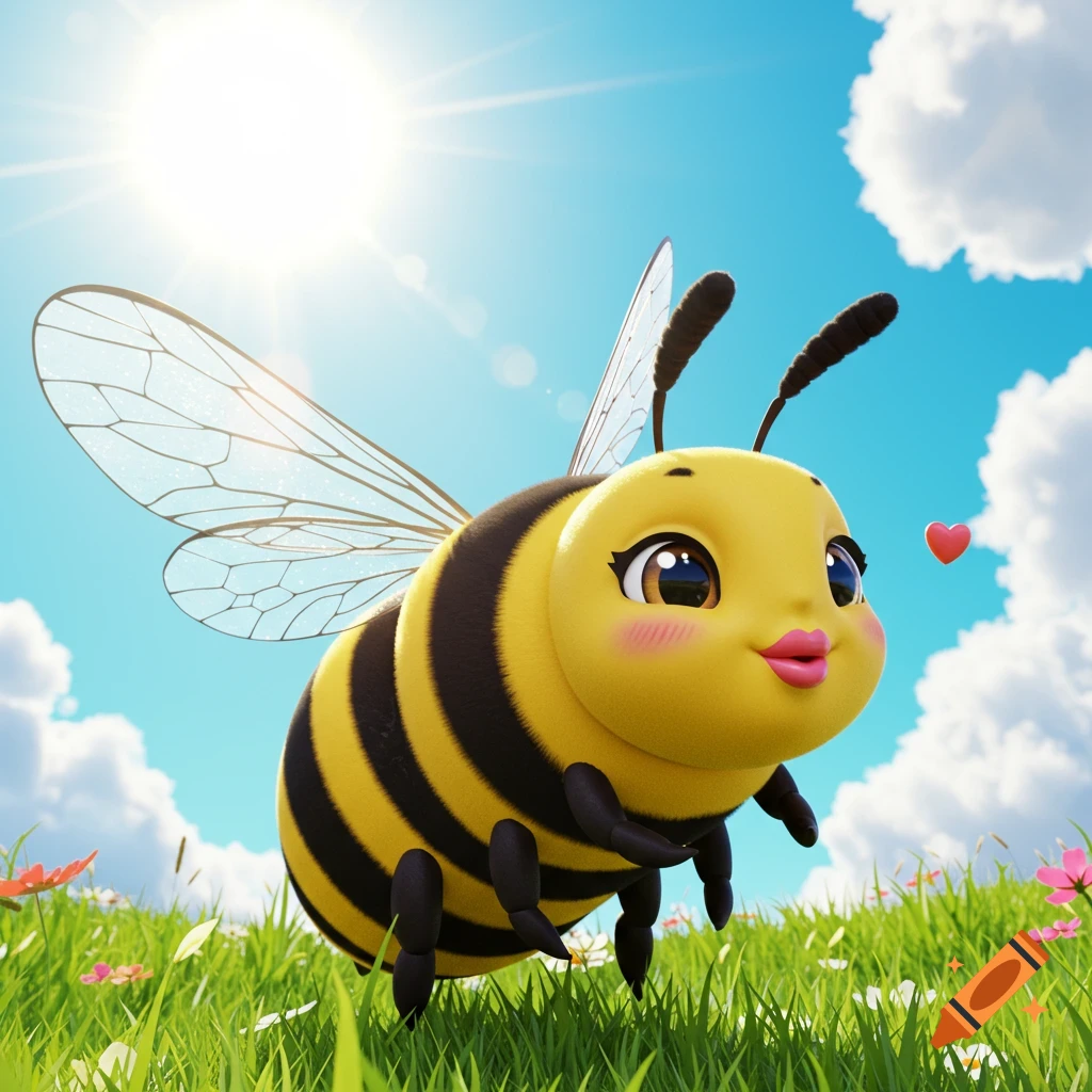 A cute cartoon bee with big eyes and pink lips flies in a sunny meadow.