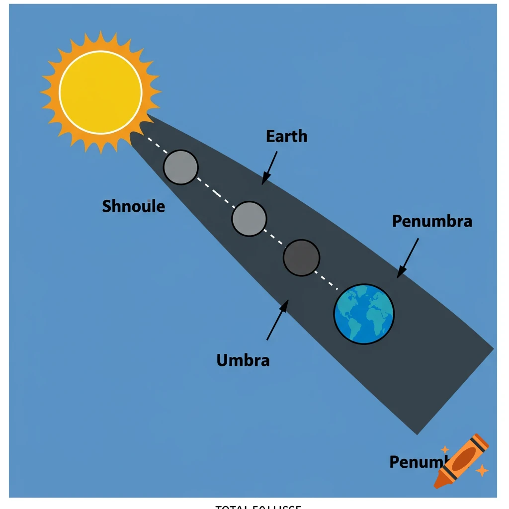 Simple diagram of a total solar eclipse showing sun, moon, Earth, umbra, and penumbra.