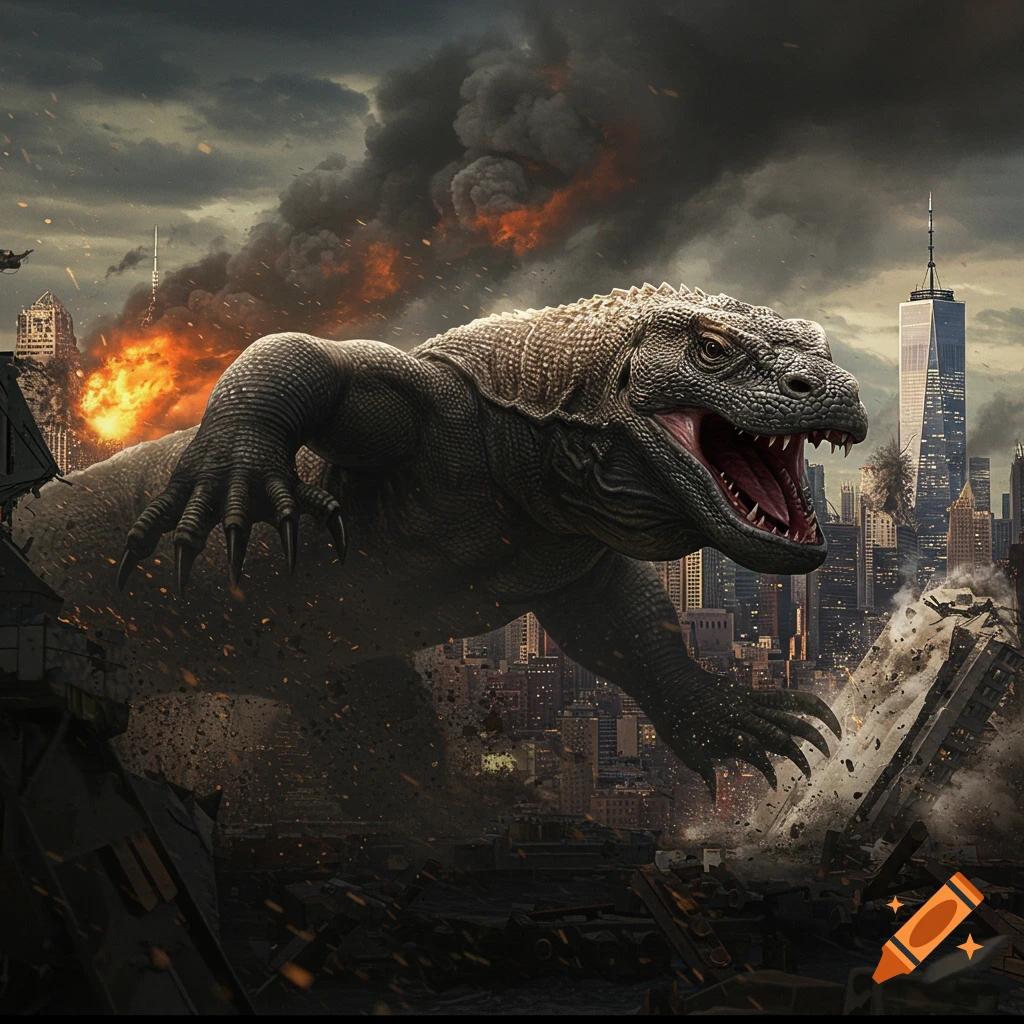 A giant lizard monster attacks New York City, causing destruction.