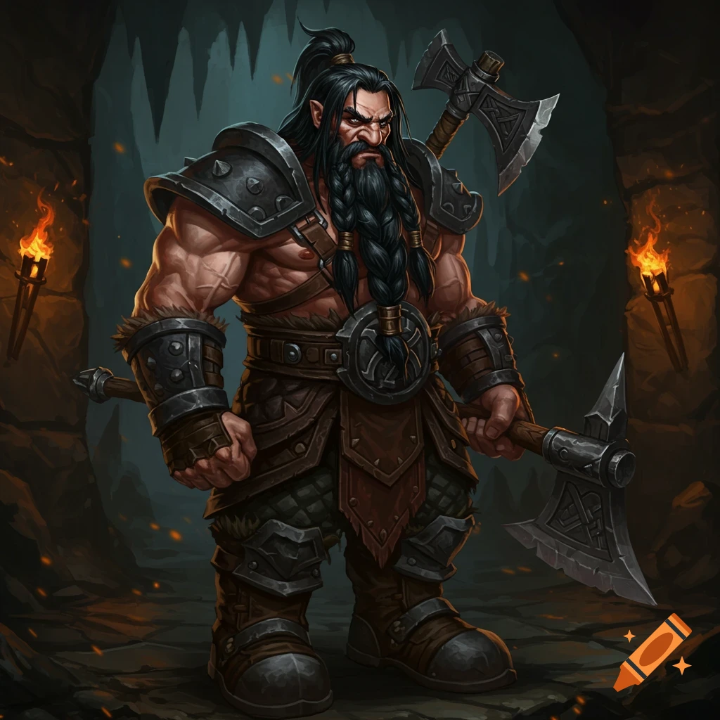 A muscular dwarf warrior in armor holding two axes stands in a cave.