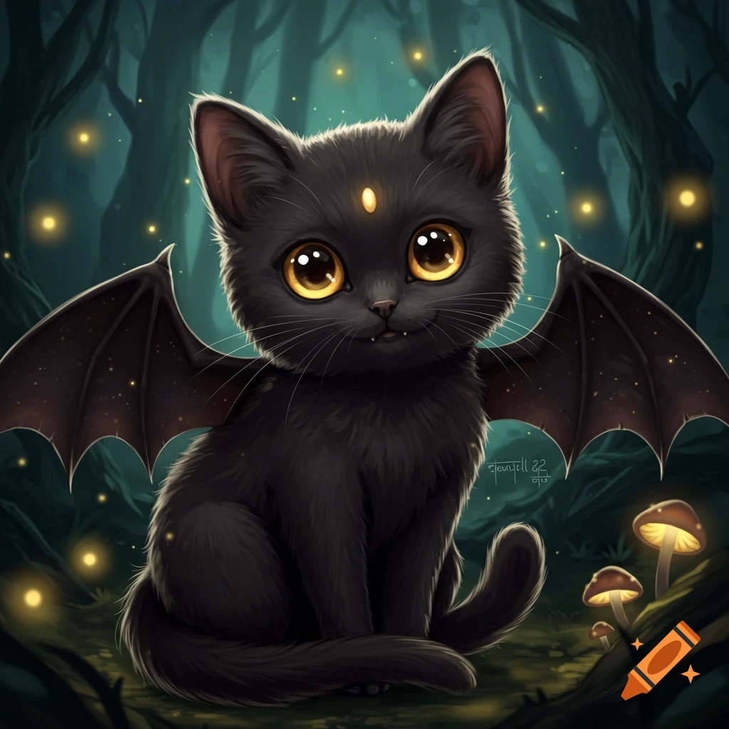 A cute black cat with bat wings sits in a dark forest with fireflies and mushrooms.