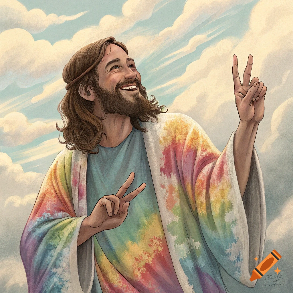 Illustration of Jesus with beard and long hair in a tie-dye robe, smiling and giving peace signs against a cloudy sky.