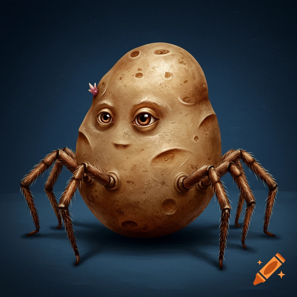 Illustration of a sad potato with spider legs.