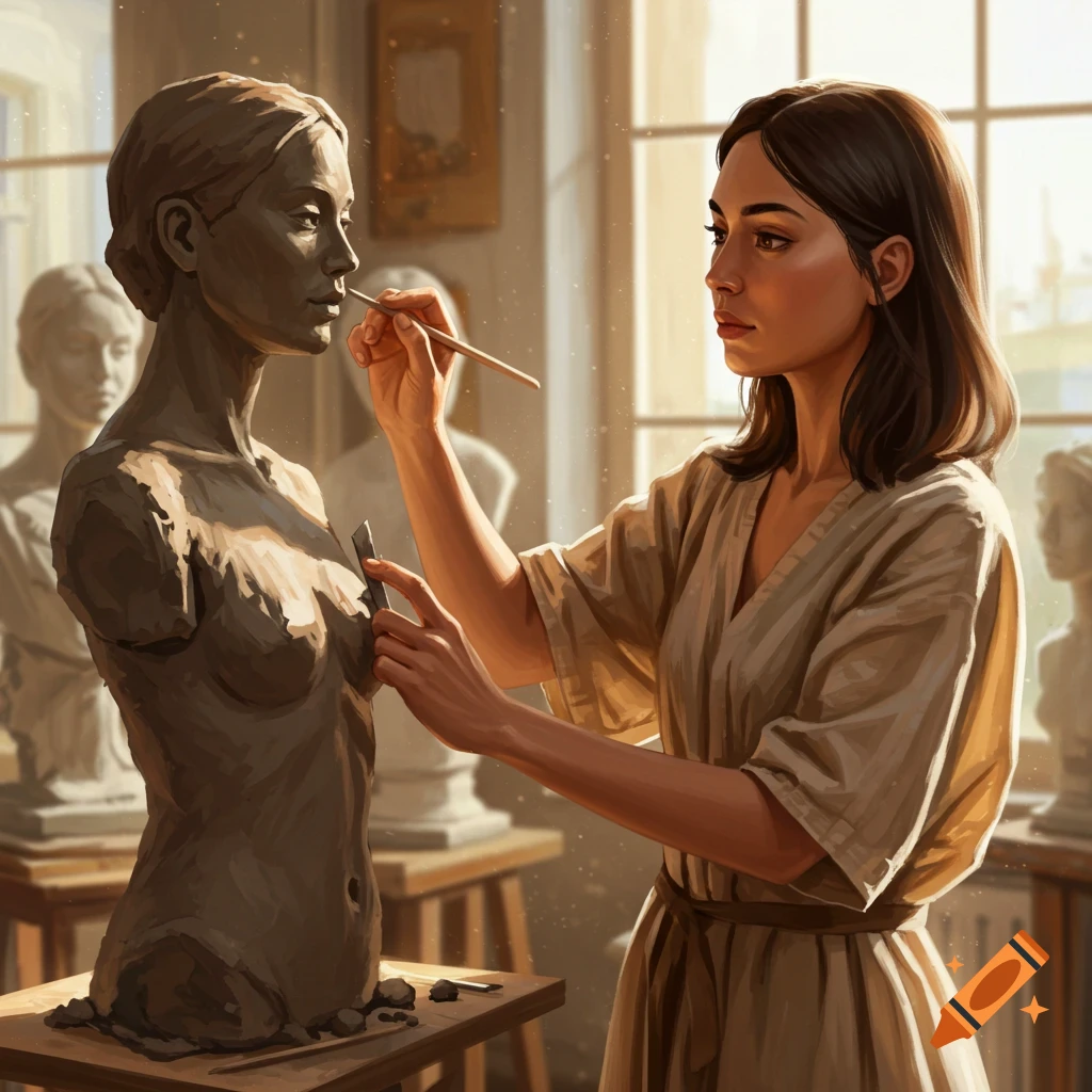 A woman sculpts a clay bust in an art studio.