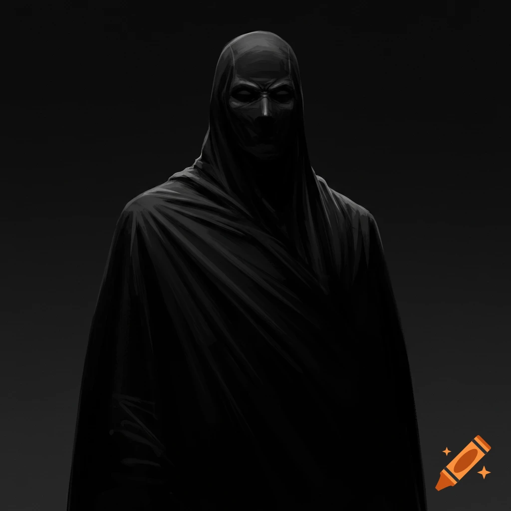 A figure shrouded in black robes with a black mask against a dark background.