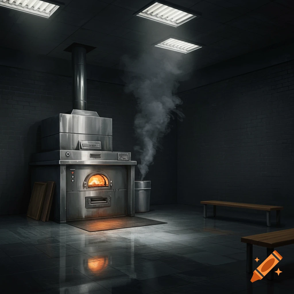 An industrial oven stands in a dark room with brick walls and tile floor, smoke rising. Benches are in the background.