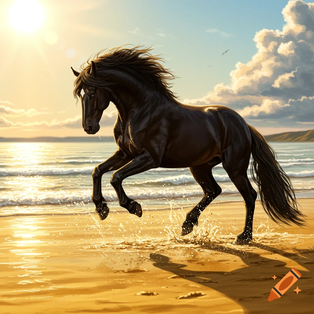 A black horse gallops through the surf on a sandy beach at sunset.