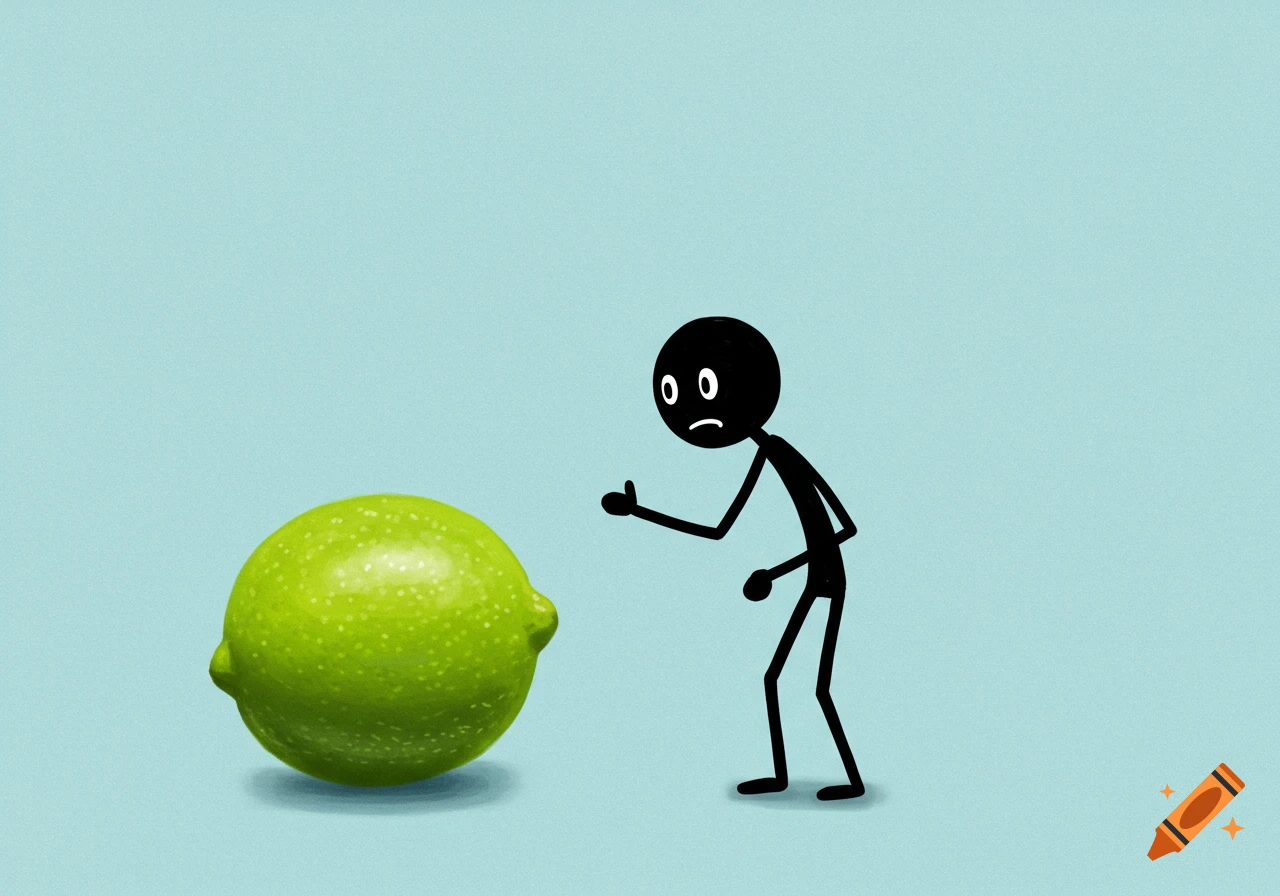 Black stick figure looking sadly at a large green lime illustration.