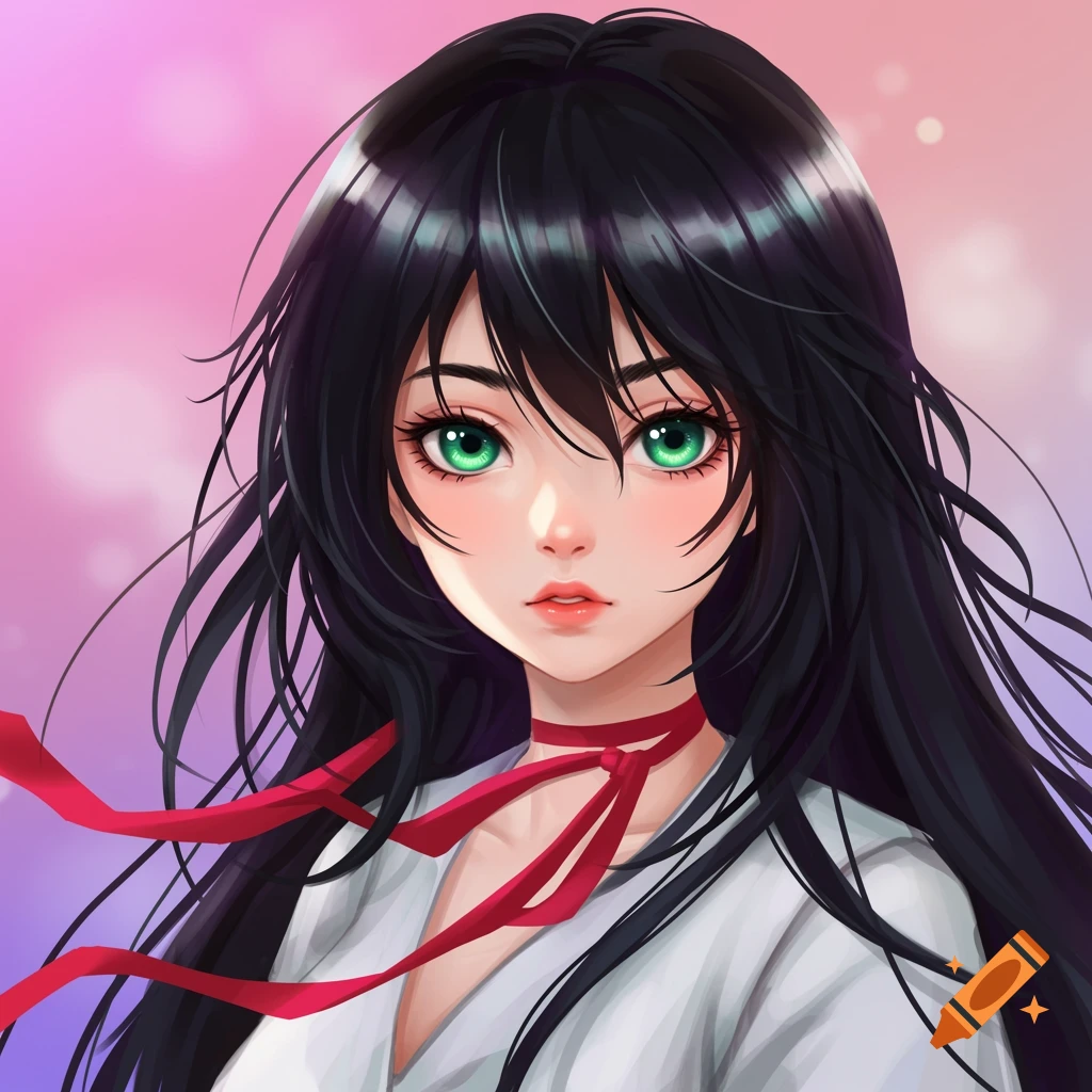 Anime portrait of a girl with black hair, green eyes, and a red ribbon.