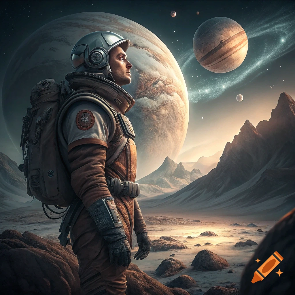 Astronaut standing on a rocky planet surface looking at large planets in the sky.