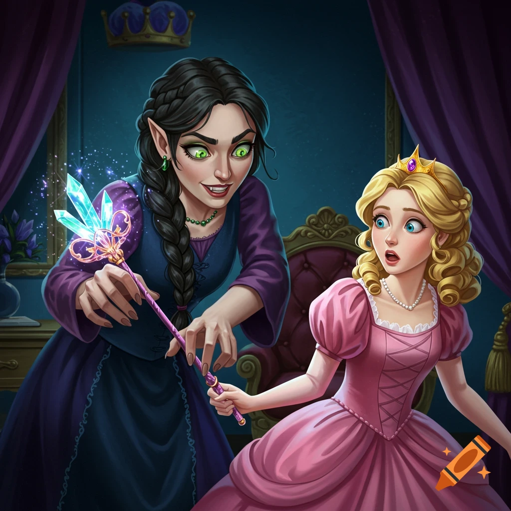 Illustration of a green-eyed witch taking a sparkling wand from a surprised princess in a pink dress.