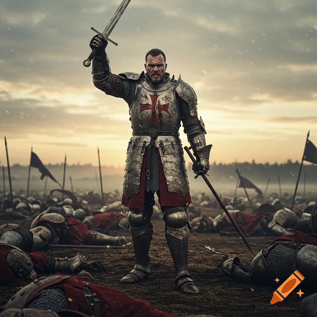A photorealistic knight in armor stands on a battlefield among fallen soldiers, raising his sword.