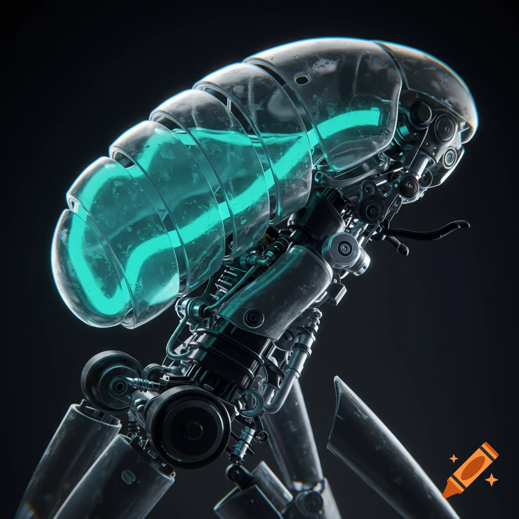 Close-up of a biomechanical robot with glowing fluid inside a segmented body
