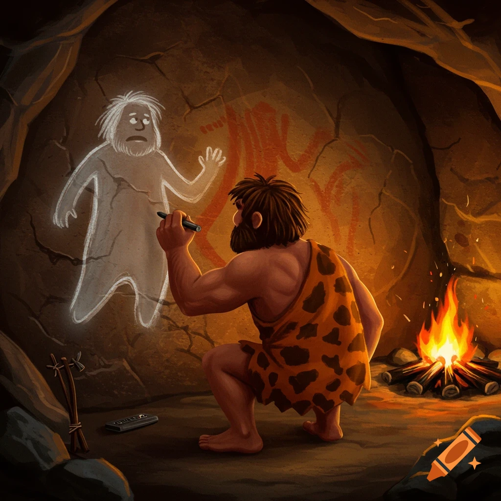 Cartoon illustration of a caveman drawing a white, ghost-like figure on a cave wall next to a fire.