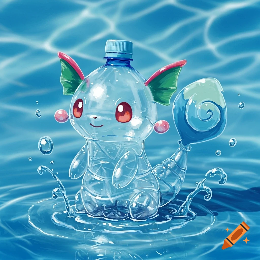 Illustration of a Pokemon-like creature made from a water bottle, sitting in water.