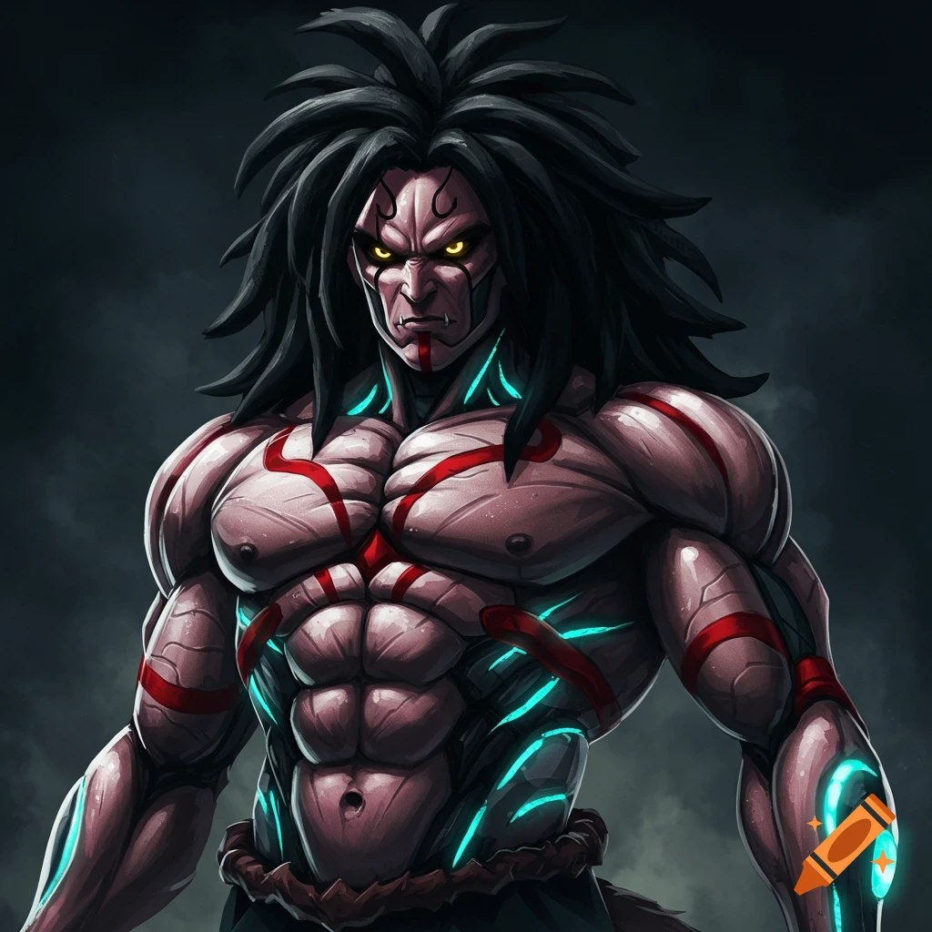 A muscular humanoid character with dark spiky hair, yellow eyes, red markings, and blue glowing lines stands in a dramatic pose.
