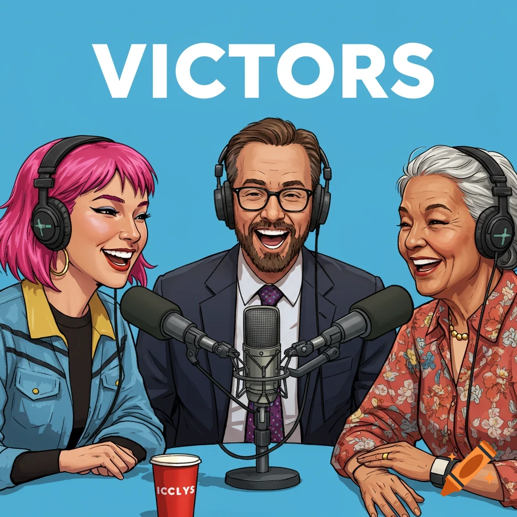 Illustration of three people wearing headphones and speaking into microphones for a podcast, titled "VICTORS".