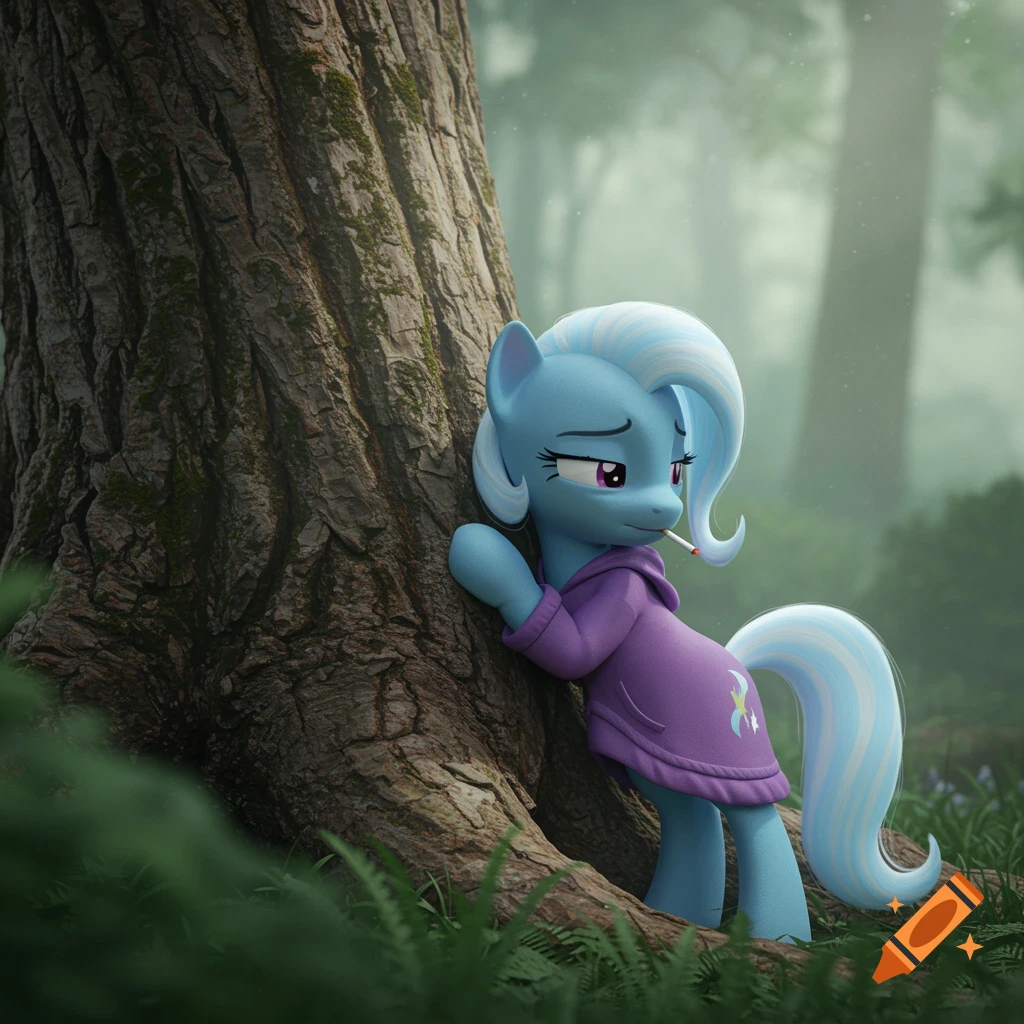 A sad blue pony character with a cigarette leans on a mossy tree trunk in a forest.