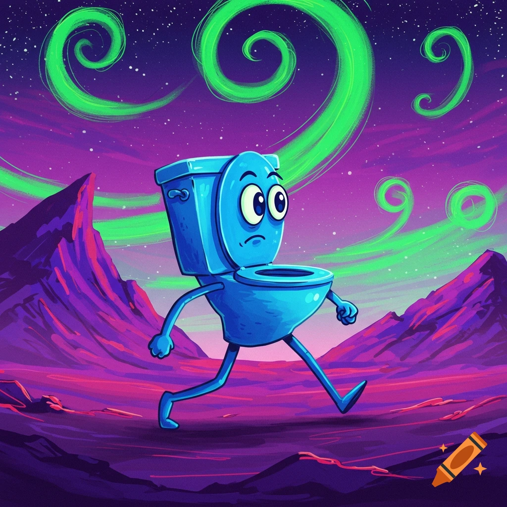 Cartoon blue toilet with arms and legs walking through a purple alien landscape under green aurora-like lights.