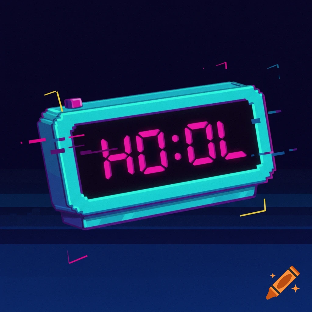 Retro digital clock showing HO:DL with glitch effects
