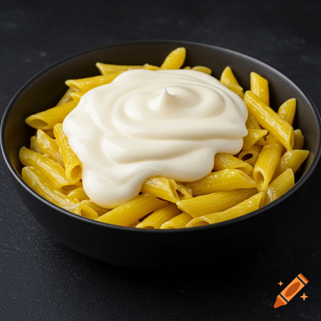 A bowl of penne pasta topped with mayonnaise.