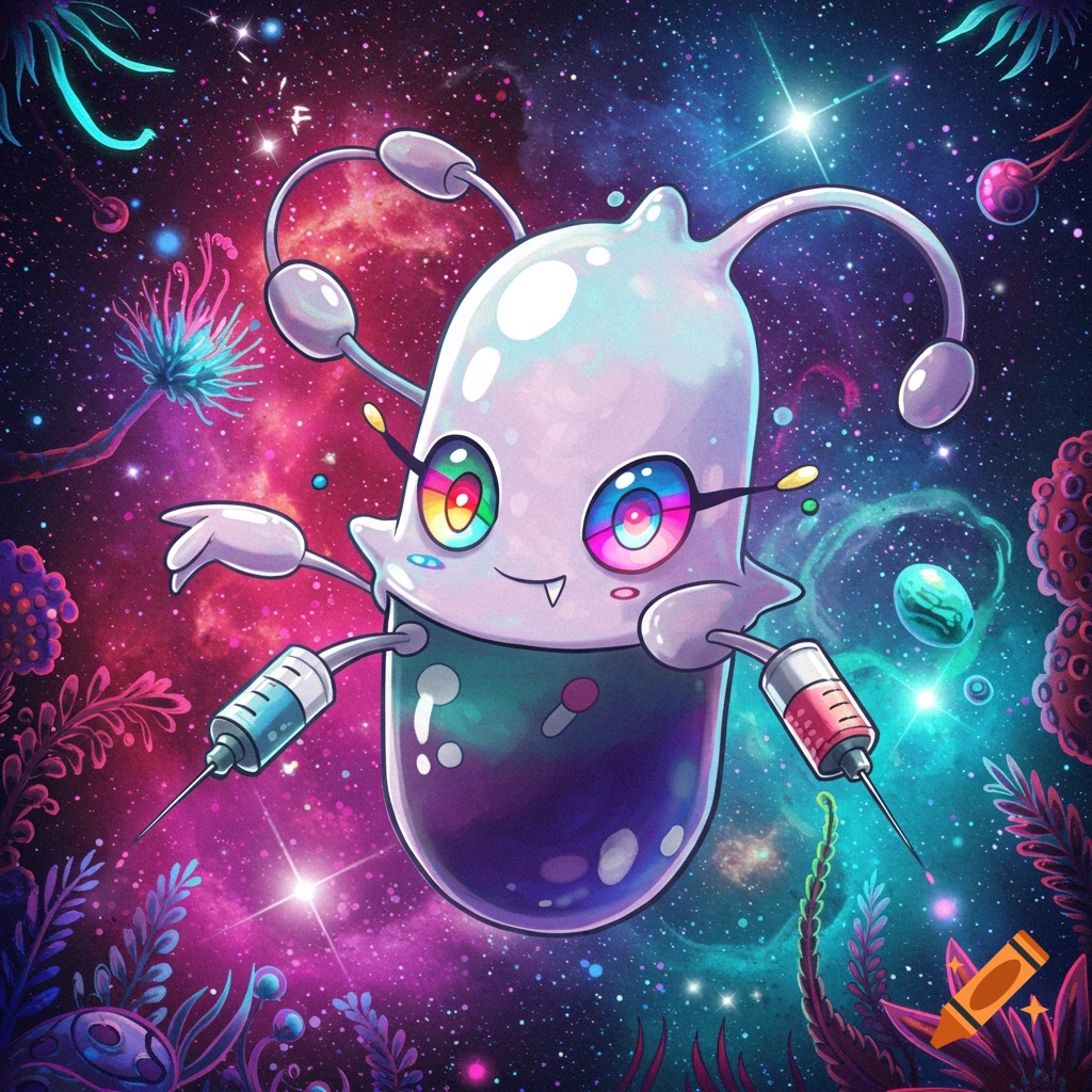 A colorful cartoon creature resembling a pill with syringes for arms floats in a vibrant cosmic landscape.