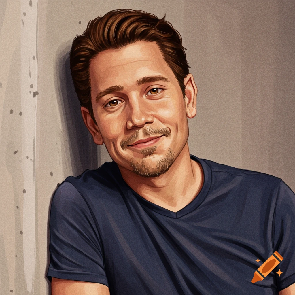 A stylized illustration of a smiling man leaning against a wall.