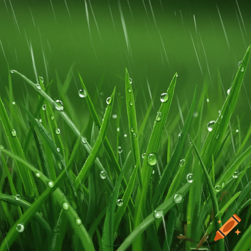 Close-up of rain falling on blades of green grass with visible water droplets.