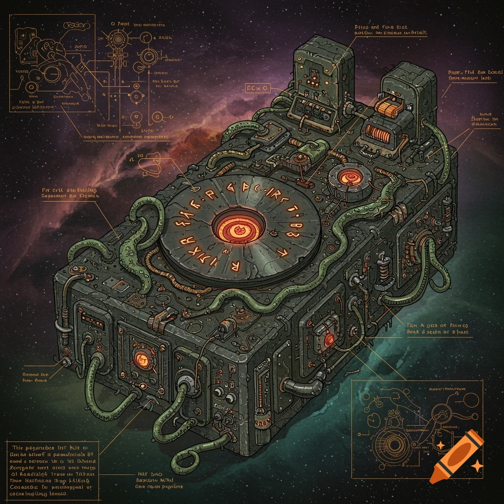 Detailed science fiction machine with tentacles, runes, diagrams, and glowing elements, set against a space background.