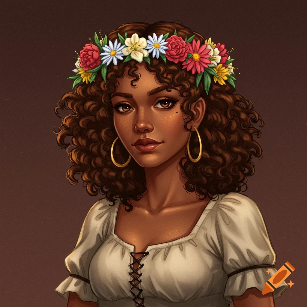 Digital illustration of a young woman with curly brown hair and dark skin, wearing a flower crown and peasant blouse.