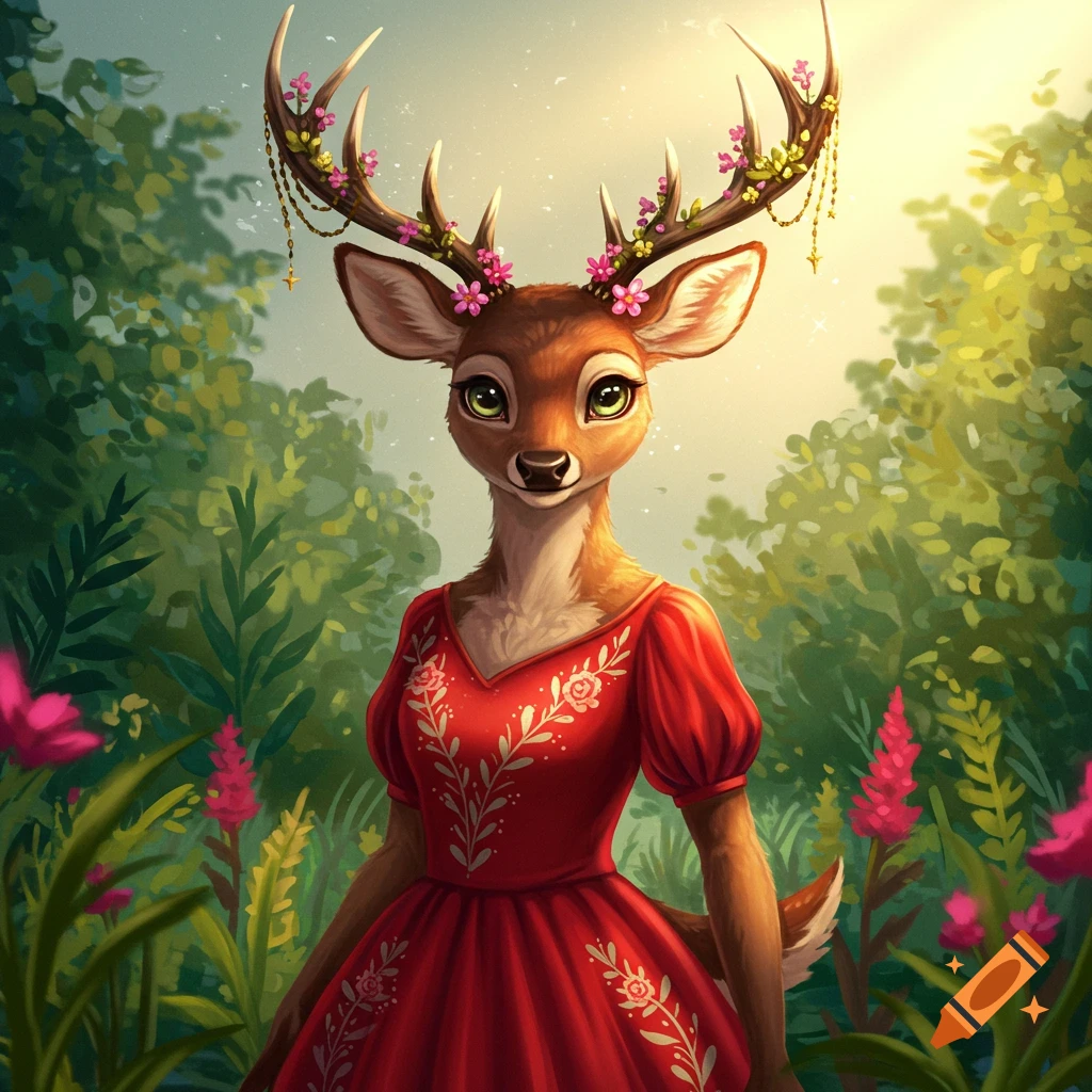 Cartoonish deer in a red dress with flowers on its antlers standing in a forest.