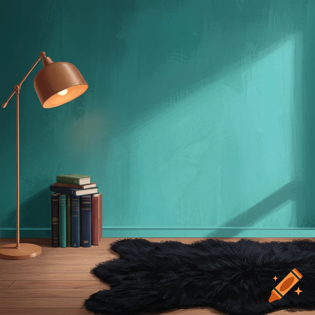 A teal room with a floor lamp, books, and a black furry rug on a wooden floor, with sunlight shining in.