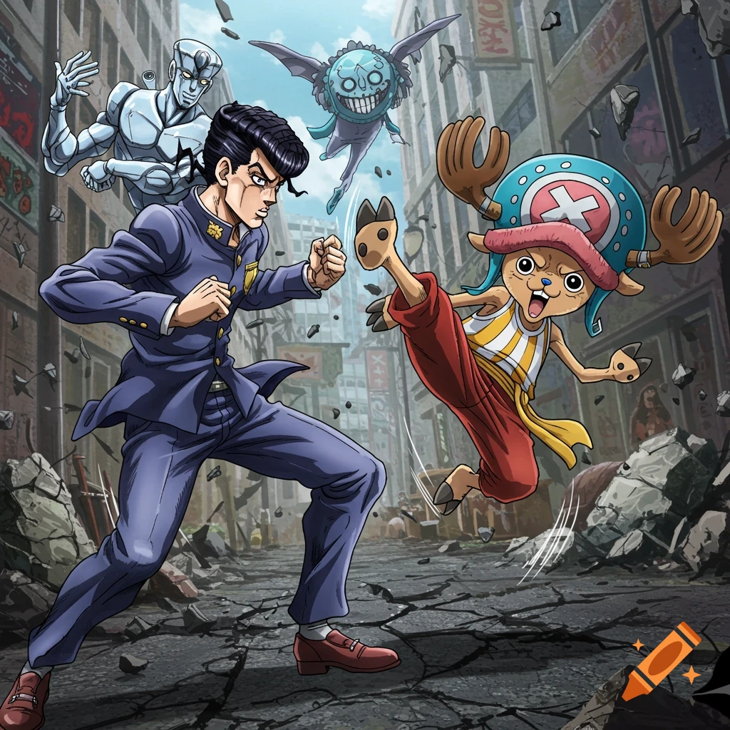 Anime style illustration of Josuke from JJBA and his stand fighting Chopper from One Piece in a ruined city.