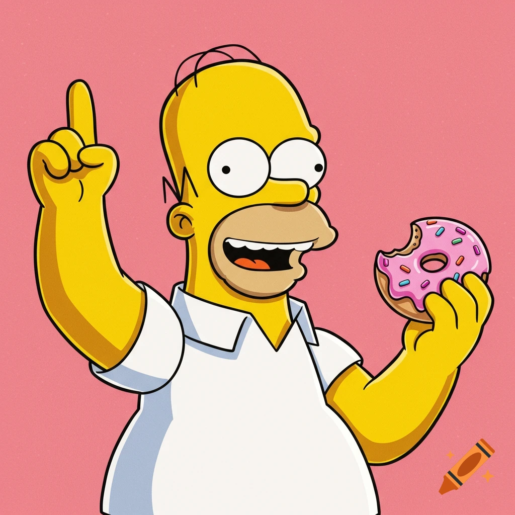 Homer Simpson holds a bitten donut and points his finger up.