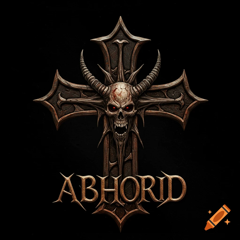 Heavy metal logo featuring a horned demonic skull on a cross with the text ABHORID.